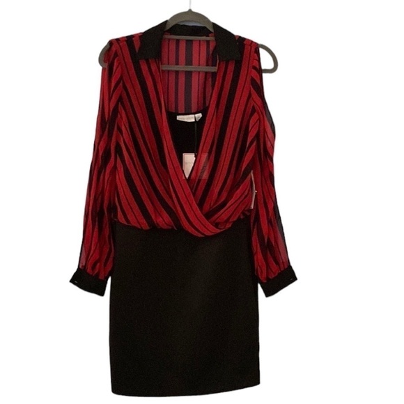 Bisou Bisou Red Black Stripe Sheer Top Slit Sleeve Layered Sheath Mini Dress 4 - Picture 1 of 8